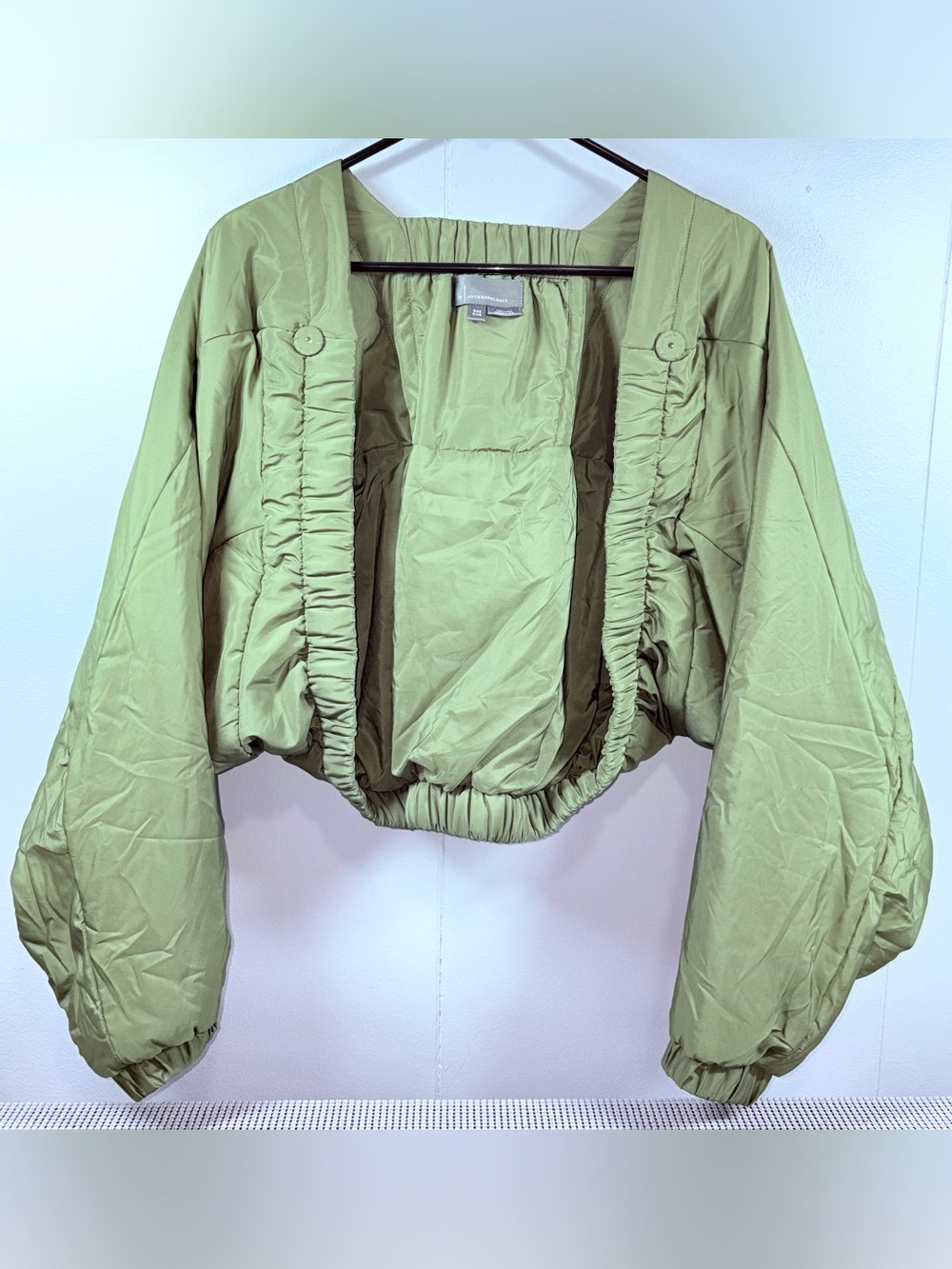 By Anthropologie Green Cropped Bomber Jacket One Size Ruched Balloon Sleeve